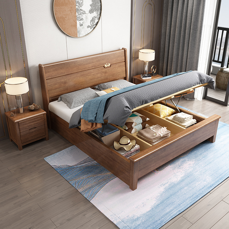 一米色彩 床 胡桃木实木床双人床1.5米1.8M现代简约轻奢高箱储物抽屉主卧婚床大小户型 卧室家具高清大图