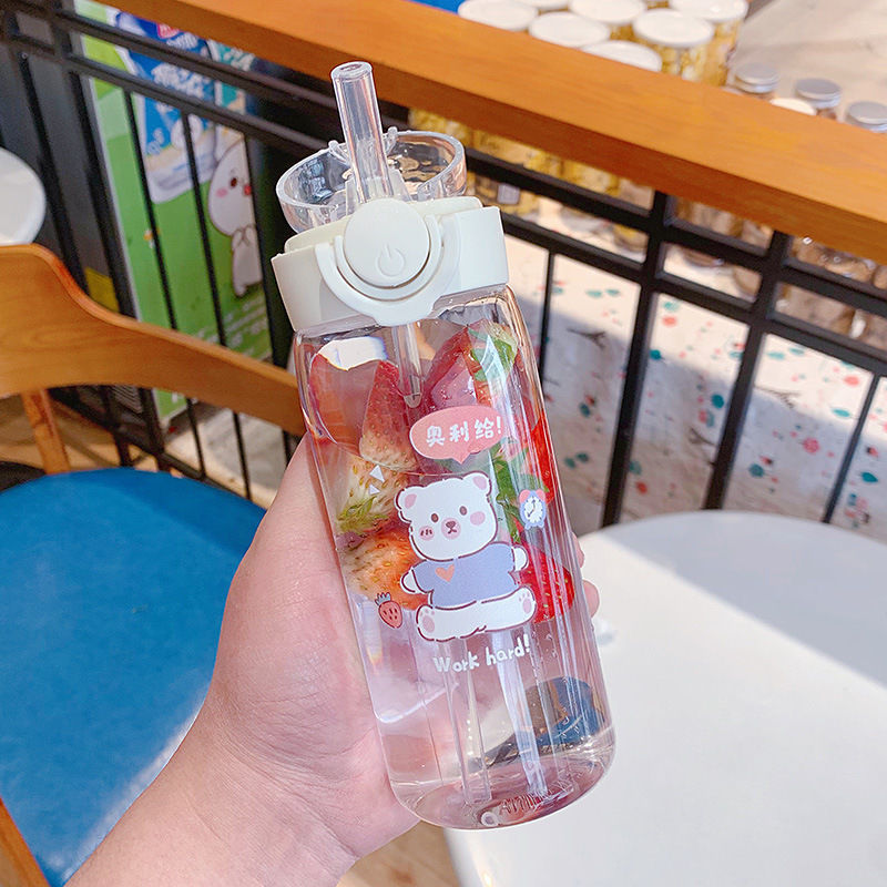 水杯女高颜值背带塑料吸管杯保温防摔学生简约清新 小熊熊 400ml单个杯子