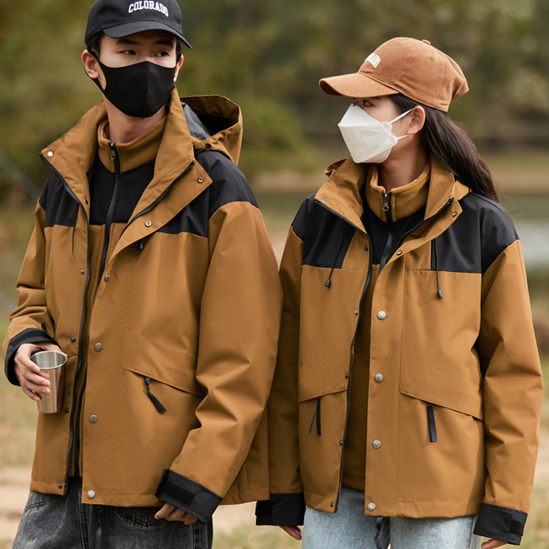 七梭 春秋款冲锋衣三合一浅灰色 男女同款防泼水可拆卸抓绒衣登山服