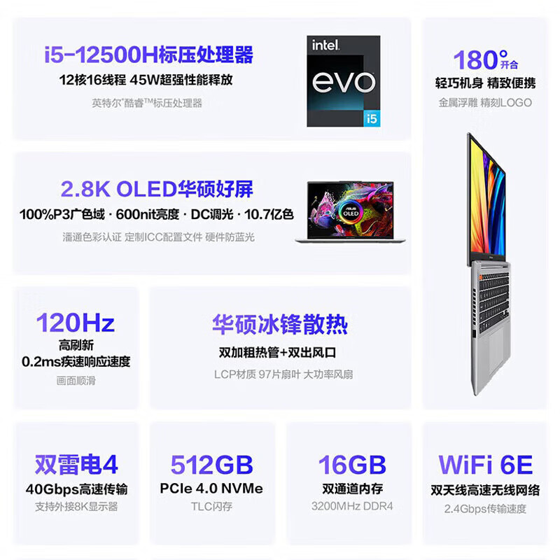 华硕(ASUS)无畏15i 2022年 全新12代英特尔酷睿i5 15.6英寸轻薄大屏办公学生笔记本电脑 定制(I5-12500H 16G 1TB 2.8K 莱茵护眼)黑色