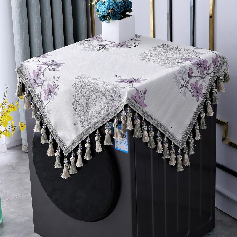 新中式滚筒洗衣机盖布中国风冰箱布盖巾室内正方形 芳华蓝色(双色吊穗)洗衣机盖布 110*110cm(尺寸含吊穗尺寸在内)高清大图