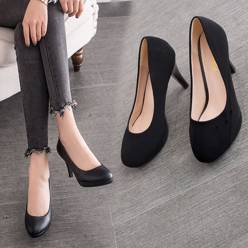 枫述职业高跟鞋女黑色面试细跟5cm少女学生礼仪圆头五公分工作正装鞋