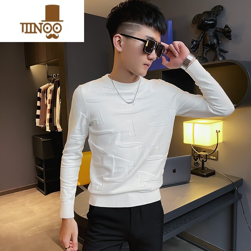 YANXU高端毛衣男士修身潮牌上衣服2023新款痞帅内搭针织打底衫 白色 L建议111123斤