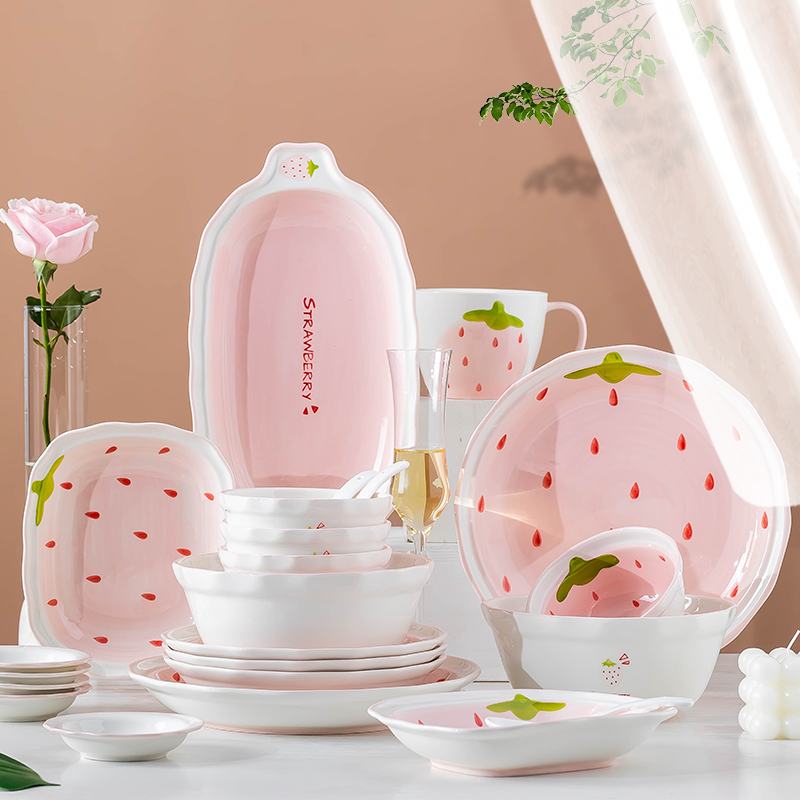 麦可可 家用可爱饭碗卡通餐具26件碗碟套装创意草莓面碗陶瓷盘子组合