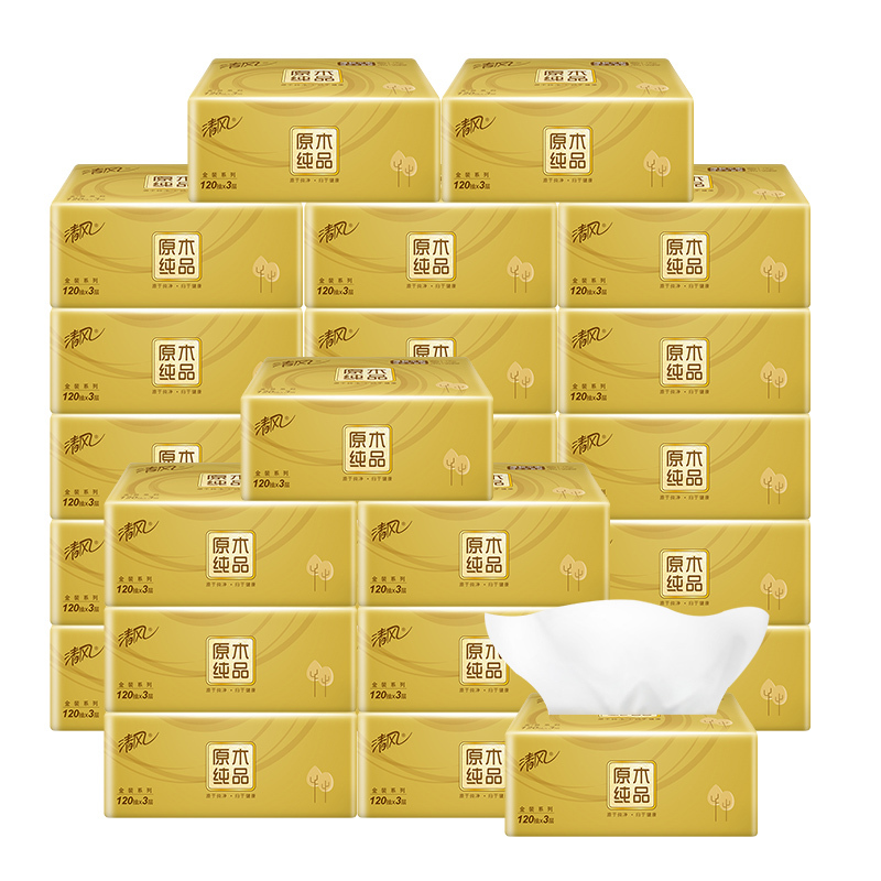 清风 原木金装系列120抽抽取式面纸AR44ZSY 4包*6提(黑色 塑封装)