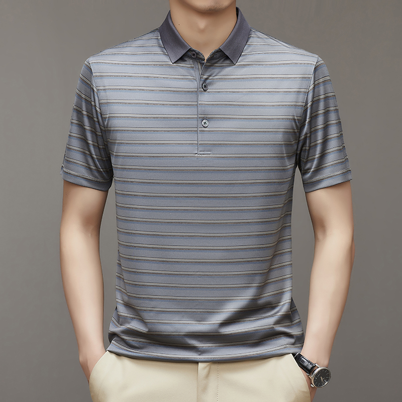 2024年夏季桑蚕丝翻领Polo衫条纹商务休闲男士真丝短袖 T恤薄款纯真丝T恤衫高清大图