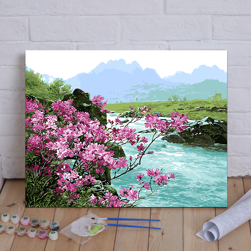 diy数字油画手绘 山水风景装饰画 雪山映湖 过道客厅卧室 雪山映湖 40*50无框[画布+画笔颜料]