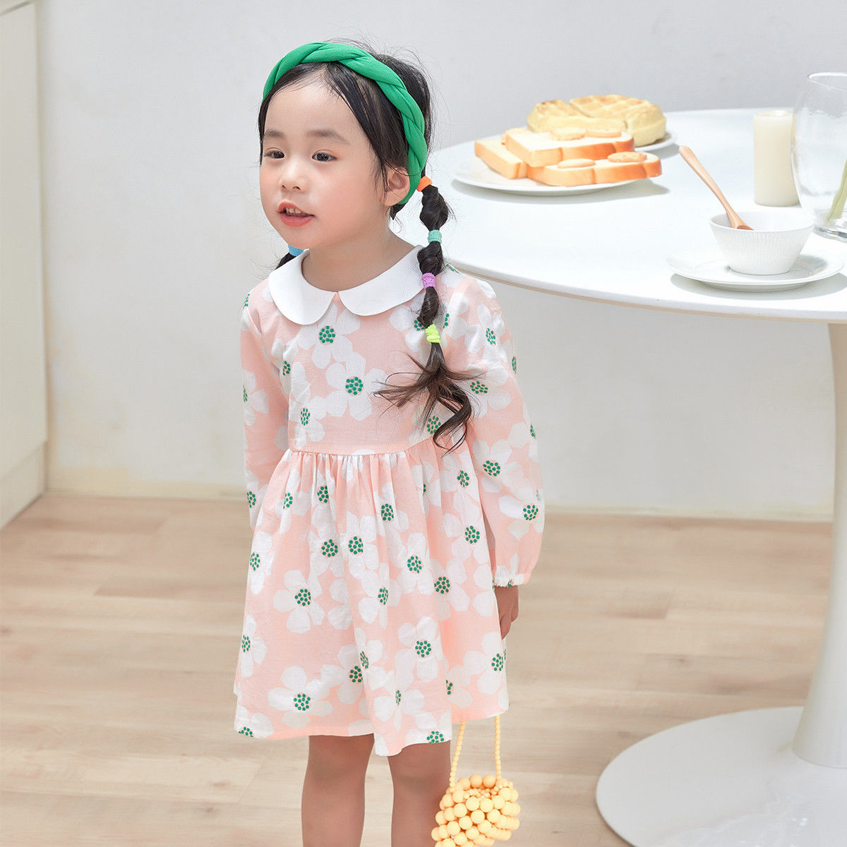 [1件3.5折]秋季新款女童长袖连衣裙儿童裙子甜美清娃娃领 印花连衣裙