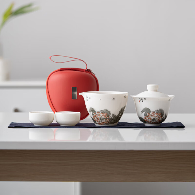 苏氏陶瓷/SUSHI CERAMICS J0893 羊脂玉花开富贵快客杯旅行包便捷茶具 (单位:套)