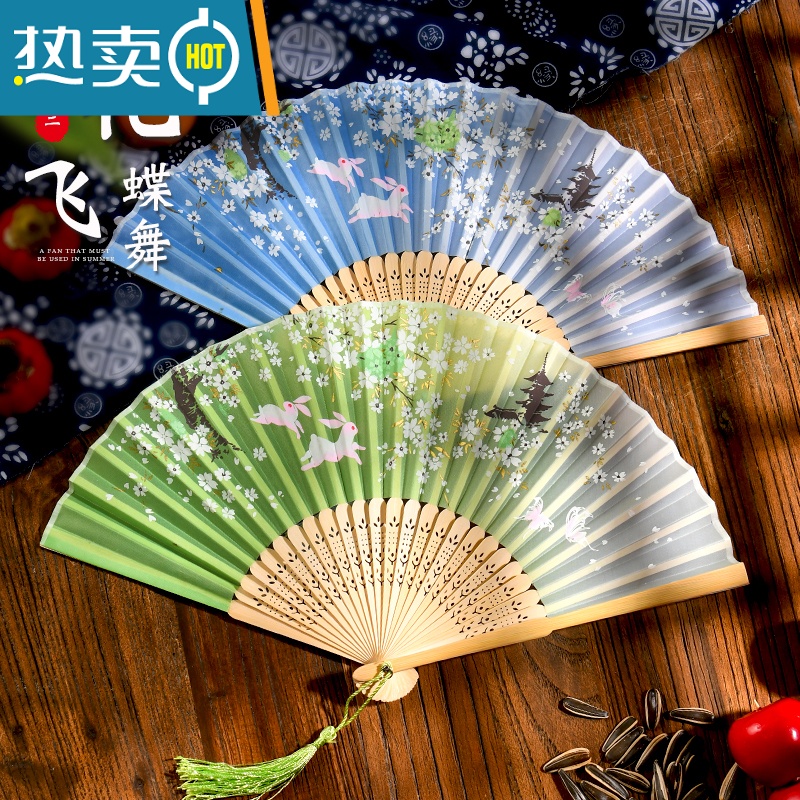 XIANCAI扇子折扇中国风古风女式旗袍汉服舞蹈学生儿童夏日随身折叠小巧扇 ♨♨♨随机款高清大图