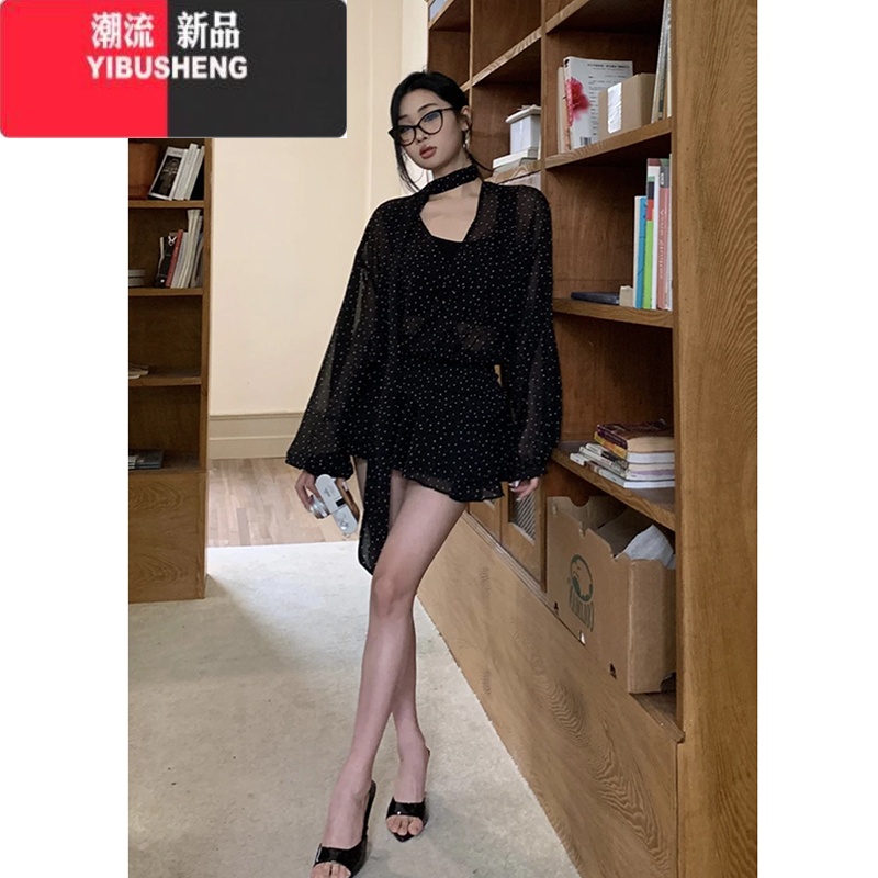 YIBUSHENGSTRIVE/尤美子 微胖mm复古波点收腰衬衫裙女季纯欲V领辣妹短复 L建议100-120斤 黑色内搭吊带