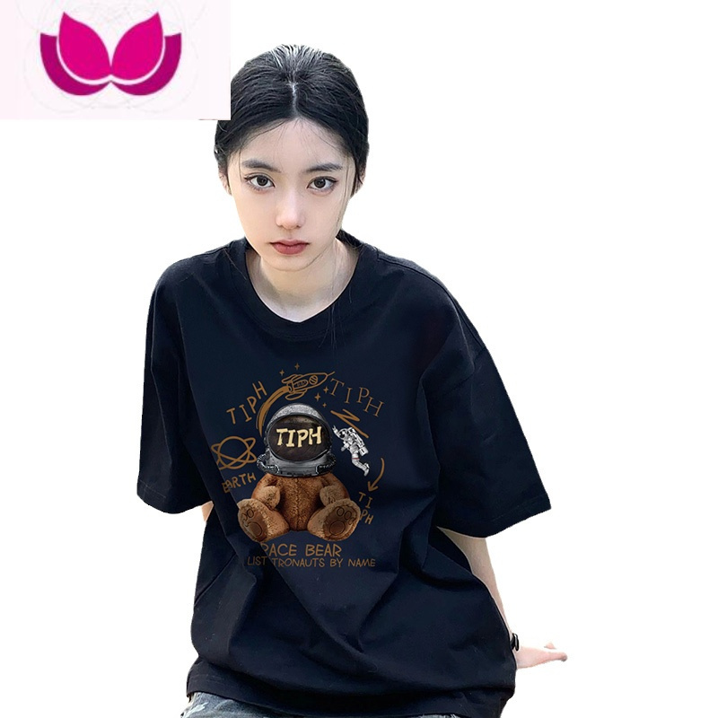 七斓夏季美式oversize潮牌ins短袖T恤女2023新款休闲宽松chic黑色上衣