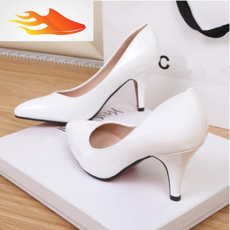 浅口粗跟漆皮女鞋防水台42码高跟鞋圆头职业工作鞋黑色正装鞋06134