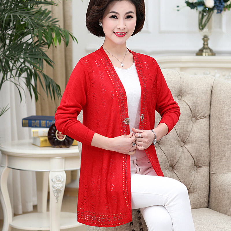 diluao抖音春秋妈妈装镂空针织开衫外搭上衣中老年妇女大码长款披肩薄