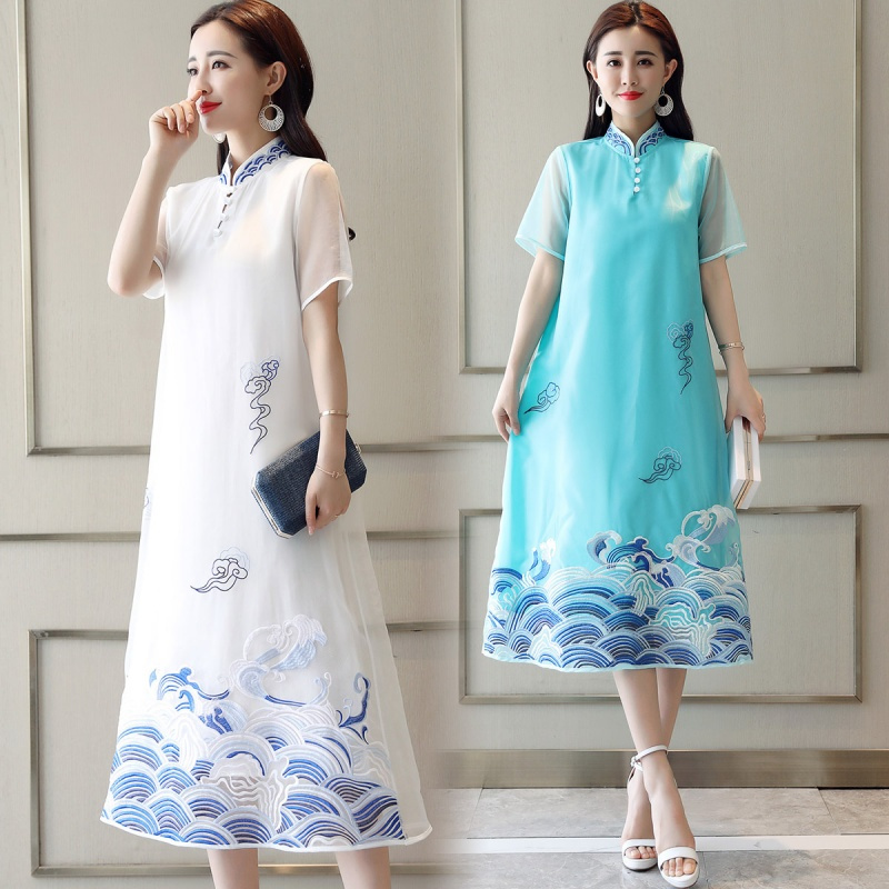 民族风连衣裙女士夏款新盘扣旗袍文艺复古禅意茶服中国风女装长裙