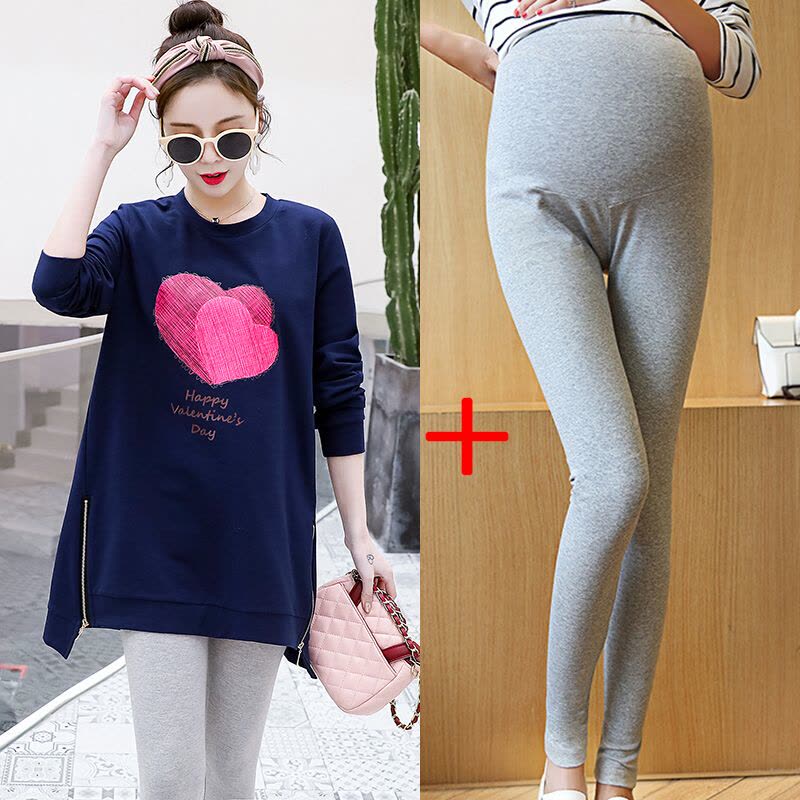 迪鲁奥(DILUAO)孕妇装秋装新款T恤长袖圆领上衣套装套头上衣印花红心图片