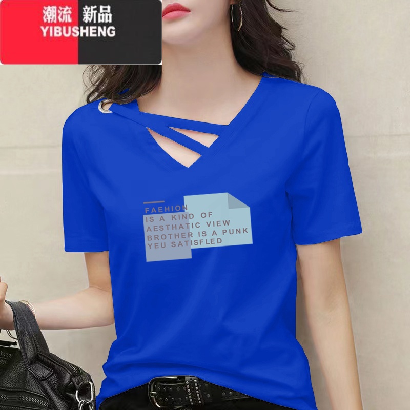 YIBUSHENGv领短袖t恤女2024季韩版新款宽松显瘦百搭设计感印花上衣潮高清大图