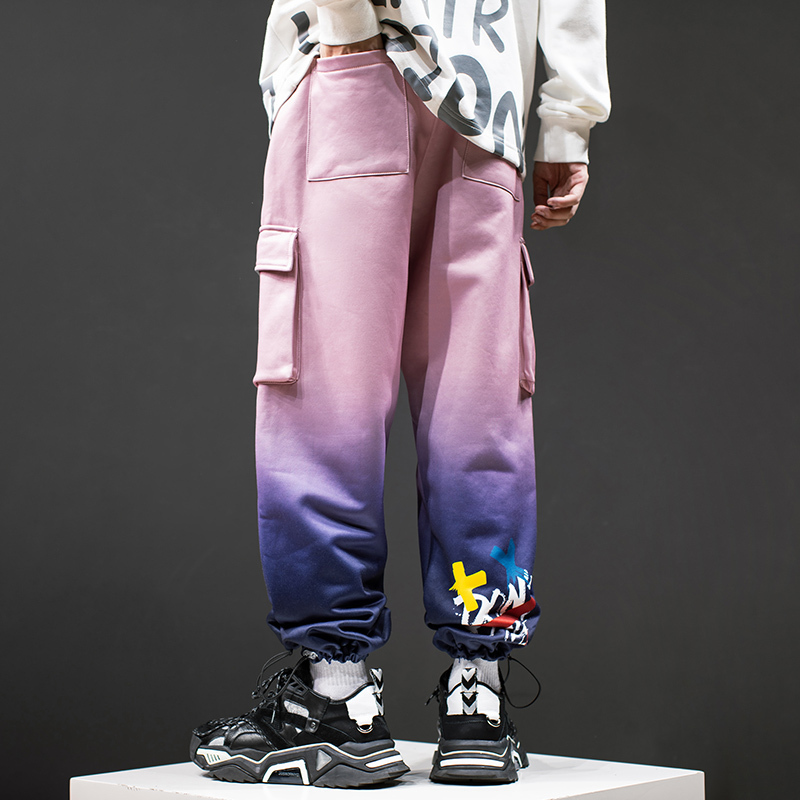 YUANSU秋冬加绒裤男潮牌bf渐变扎染宽松束脚哈伦裤潮流炸街休闲裤工装裤休闲裤