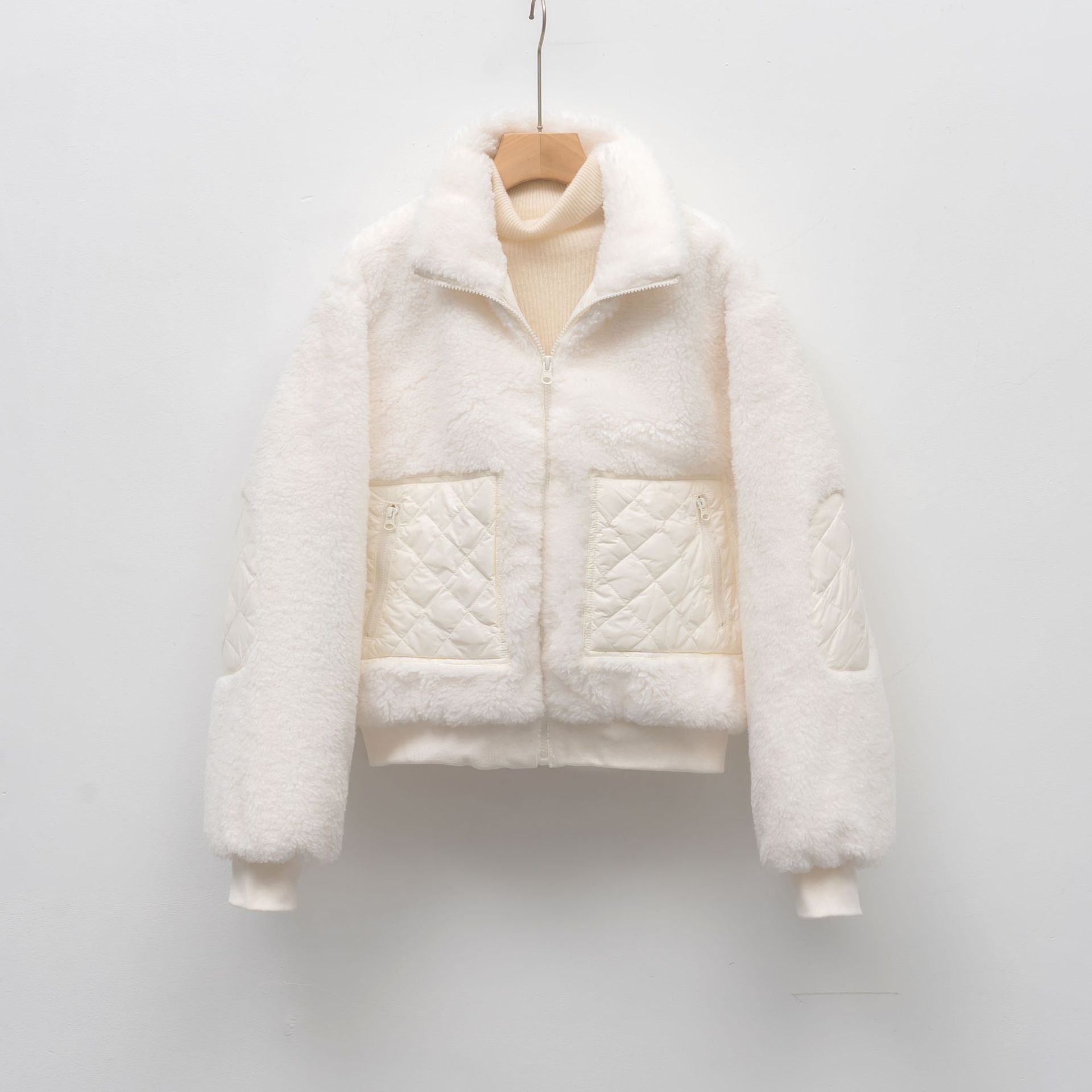 90绒秋冬新款简约保暖翻领鸭绒休闲立领短款女款外套_672 米白色 S