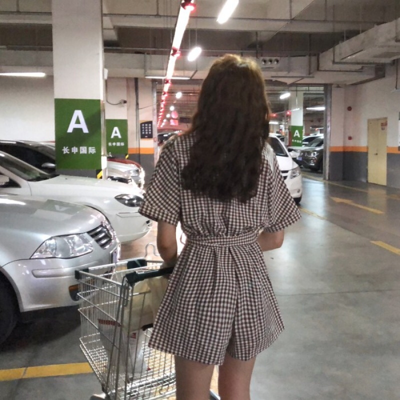 夏装女装韩版宽松显瘦系带收腰格子连体裤休闲裤短裤阔腿裤+腰带 卡其格 均码