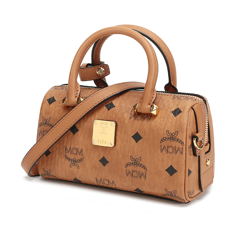 mcm女士涂层帆布配皮手提单肩斜挎包迷你波士顿包mwbaase03