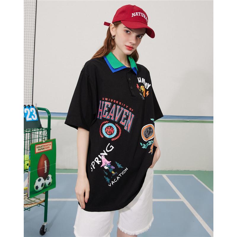 CACHE CACHE慵懒风双POLO领T恤中长款夏季洋气减龄个性印花短袖