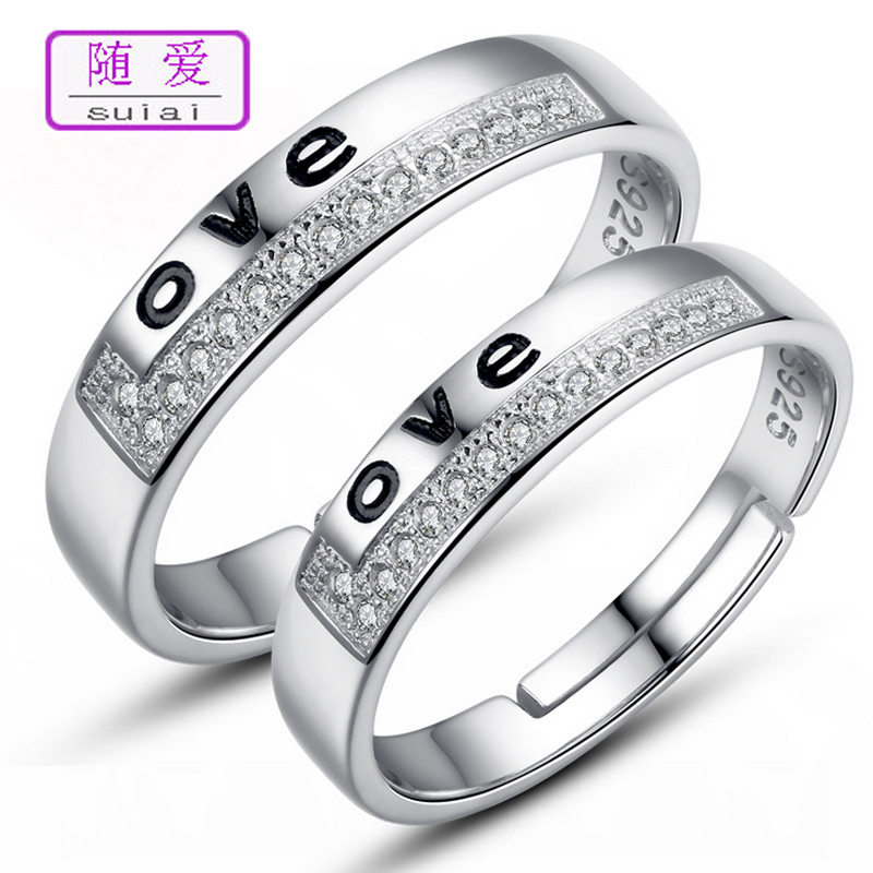 s925银情侣戒指 女款 开口戒可节尺寸 对戒男女款 韩版时尚银饰品送女朋友七夕情人节礼物