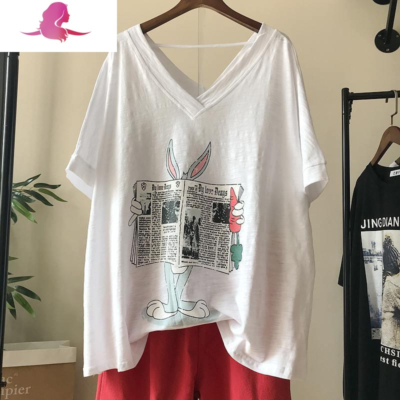 艳如飞时尚大码女装胖mm200斤宽松藏肉前后V领小心机露背短袖T恤潮胖mmT恤