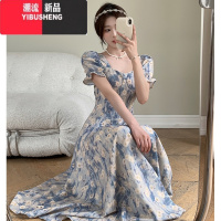 YIBUSHENG大码女装微胖蓝色油画碎花法式小众连衣裙女裙子胖mm遮肚显瘦长裙