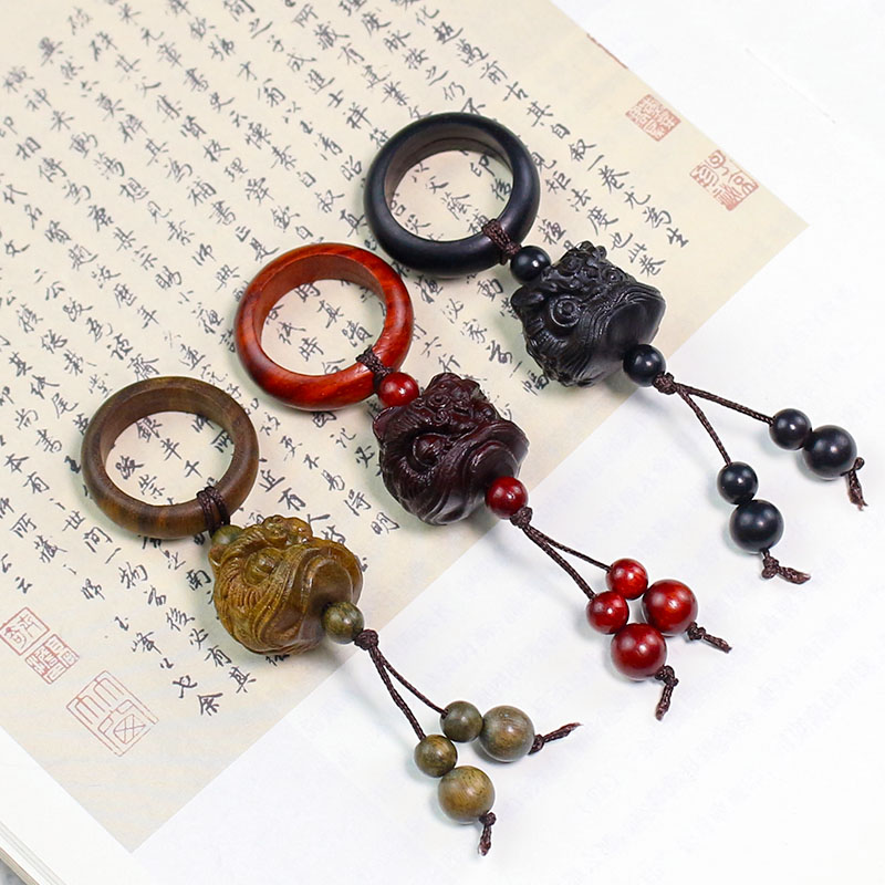 檀木雕刻醒狮跑环吊坠黑檀木佛珠挂件DIY手持配件文玩弟子珠吊饰