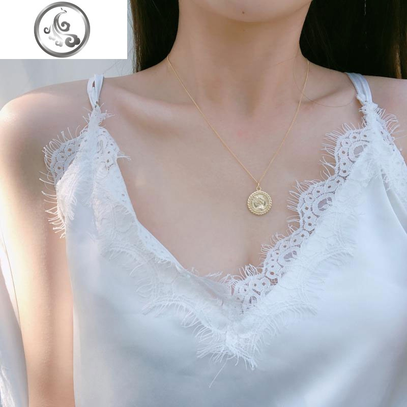 纯银圆牌项链女潮网红冷淡风简约复古人像硬币金币毛衣链长款百搭 JiMi