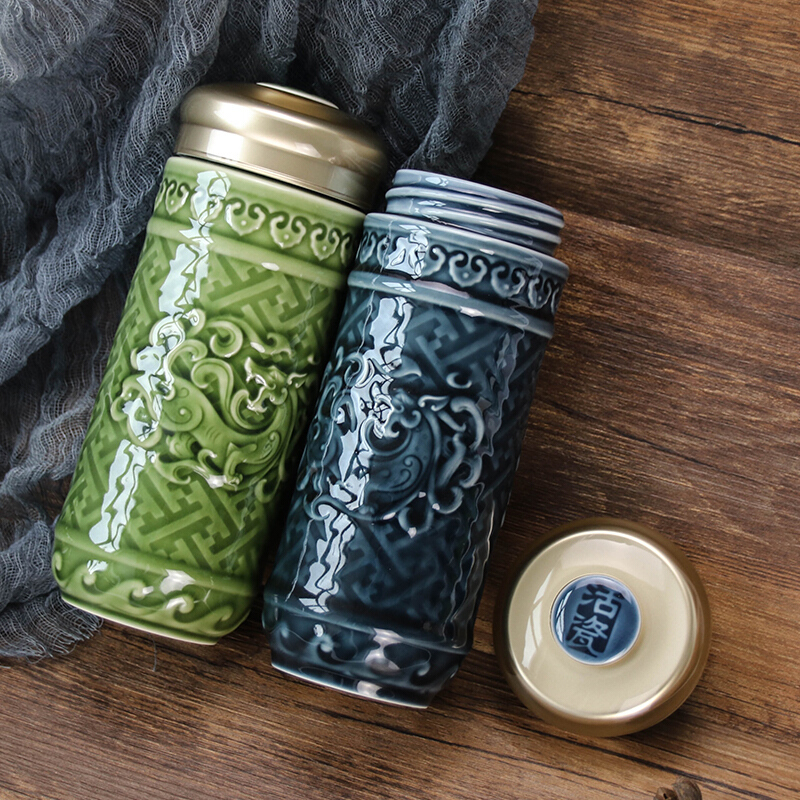 乾唐轩活瓷盛世祥龙随身杯双层便携带盖陶瓷泡茶水杯子商务送礼品