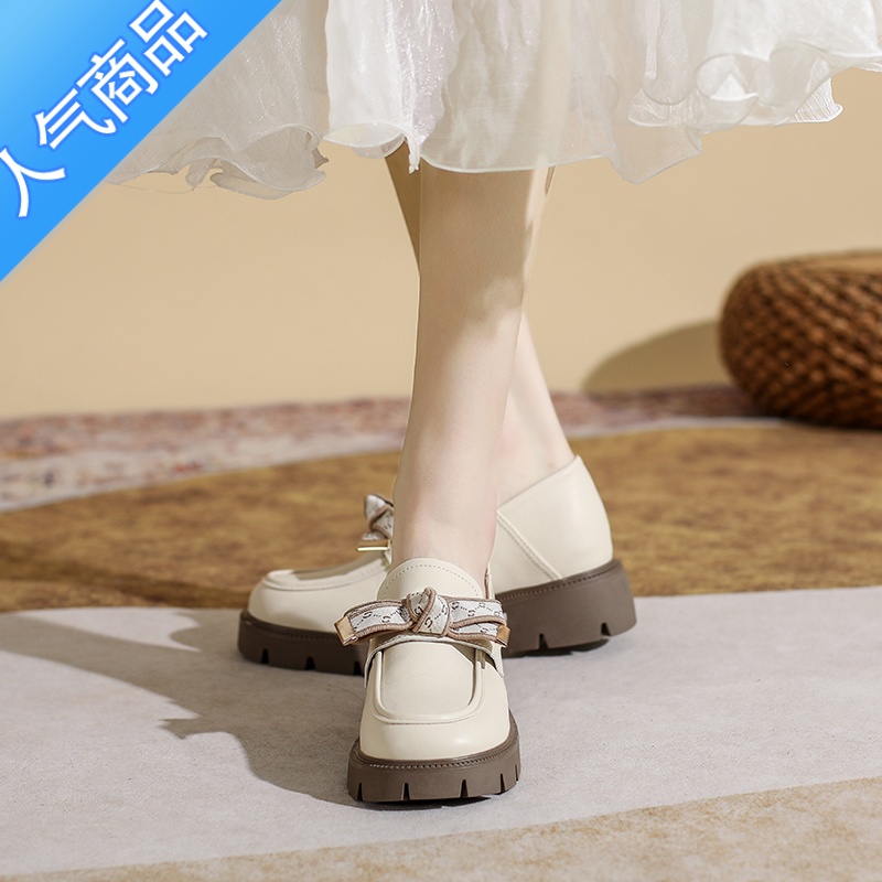 SUNTEK乐福鞋2023夏季新款复古厚底粗跟内增高圆头蝴蝶结英伦风小皮鞋女高清大图