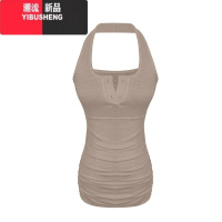 YIBUSHENG纯欲性感挂脖露背背心连衣裙气质收腰褶皱紧身包臀裙短裙子女子 均码 卡其色
