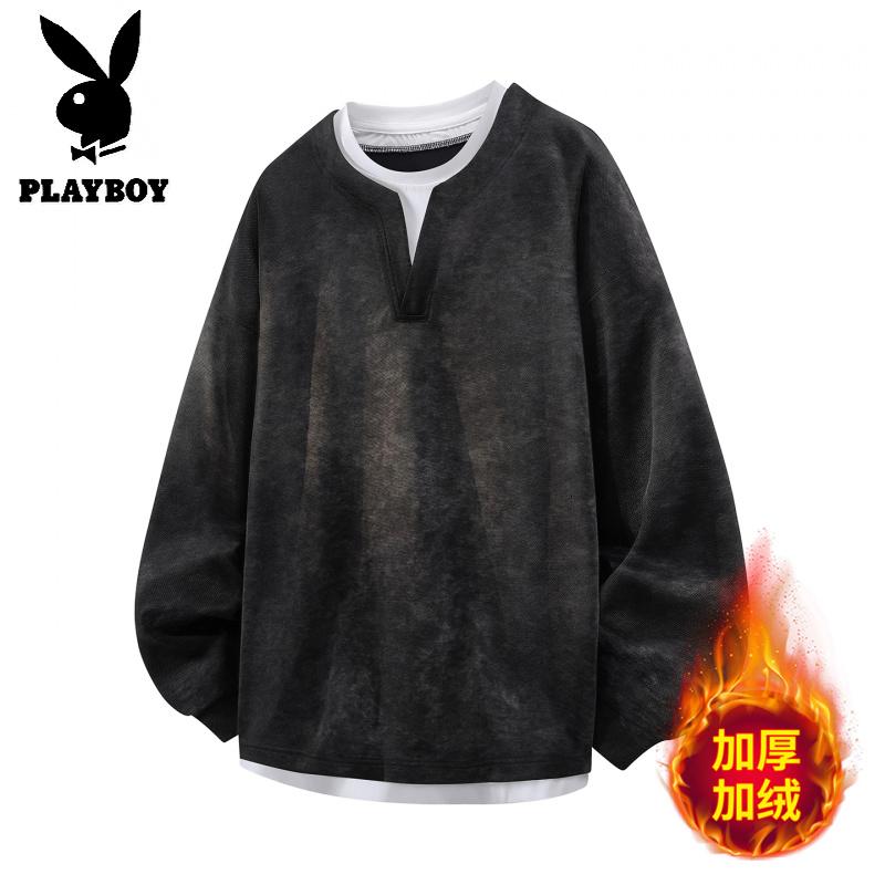花花公子新款高品质加绒重磅圆领扎染拼接卫衣男2025秋冬新款假两件上衣_565 L 黑色