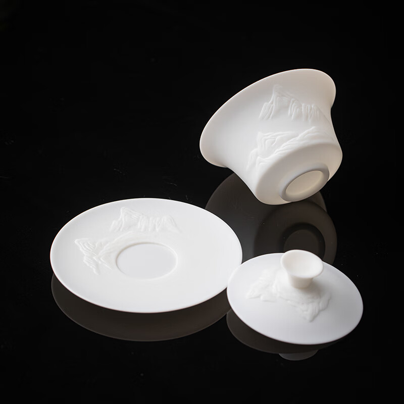 苏氏陶瓷/SUSHI CERAMICS JA08 冰种玉瓷薄胎泡茶碗浮雕“江山”三才盖碗150ml礼盒装高清大图