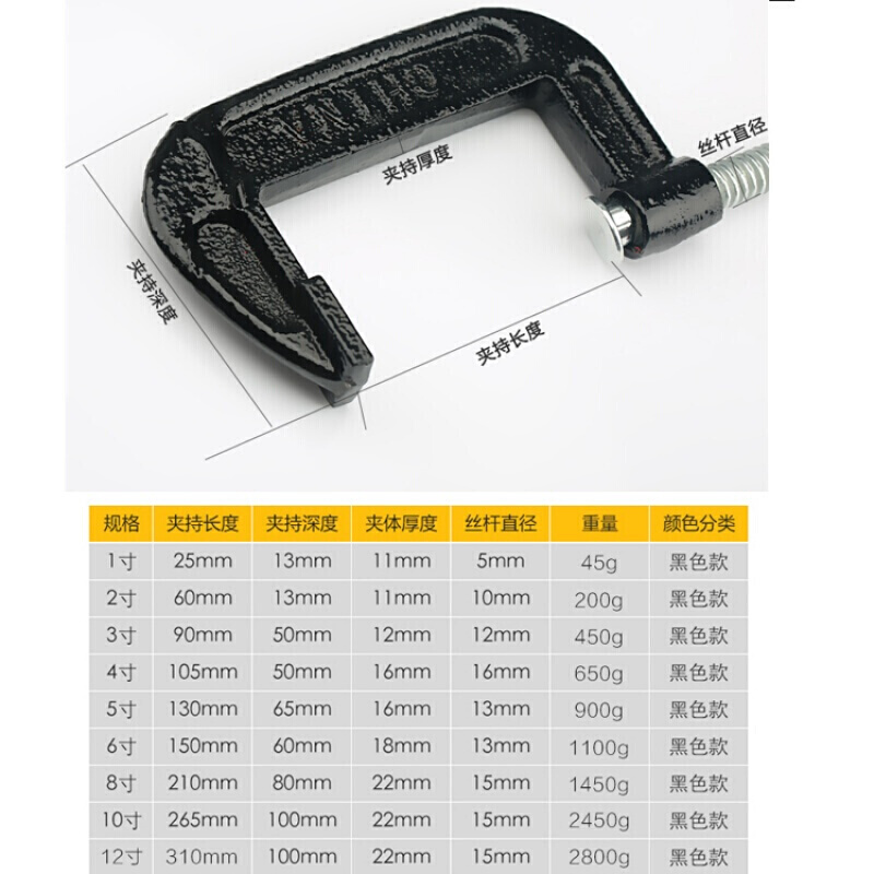 汐岩G字夹 木工夹 C型夹具 1-12寸锻打钢g型摇杆夹子 10寸(夹持250mm)高清大图