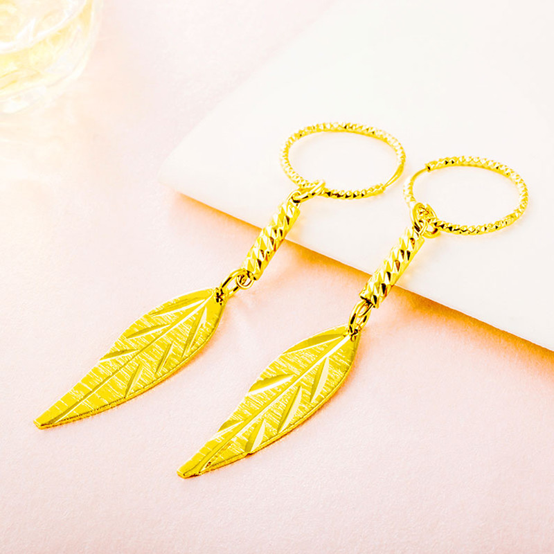 仿越南沙金耳环女时尚长款耳线仿真黄金耳坠女百搭久不掉色首饰品送女朋友老婆情人节七夕生日礼物 树叶耳环