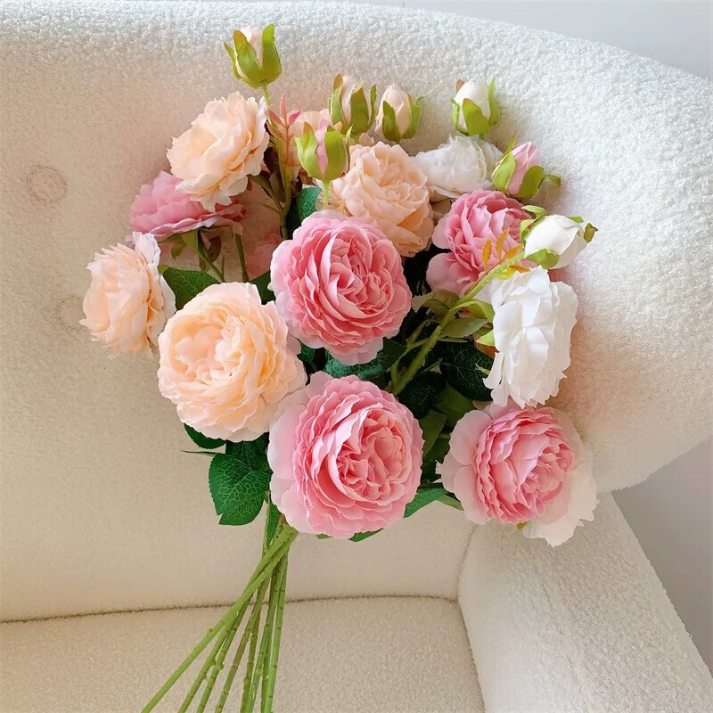 思唯美(sweet made) 牡丹仿真花绢花摆件 粉色3支+香槟3支[6支18朵花]高清大图