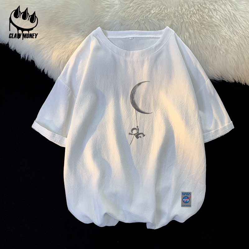 Claw money圆领棉麻短袖T恤男夏季休闲五分袖青少年百搭亚麻半袖