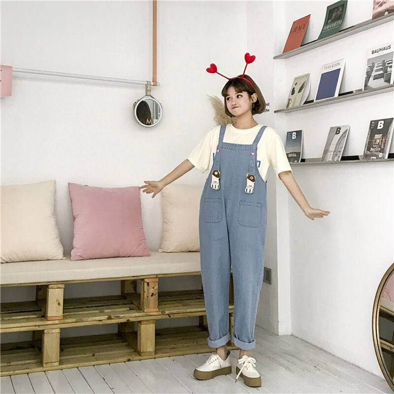 2018夏季新款女装韩版学生猫爪宽松牛仔裤背带裤长裤九分裤显瘦萌图片色