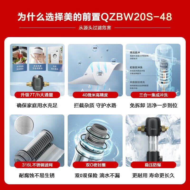 美的 Midea 家用前置过滤器 升级款7T/h大流量40微米高精度三重冲洗不锈钢免换芯全屋净水器 QZBW20S-48图片