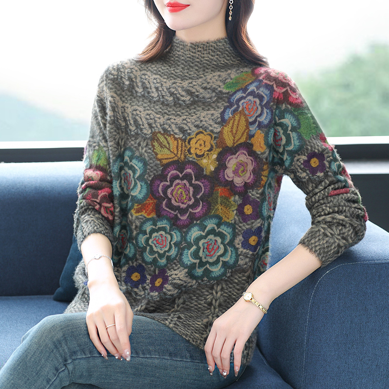 欧洲站设计高端印花半高领羊绒衫毛衣女士宽松春秋2024新款春秋装时尚洋气妈妈上衣针织衫打底衫羊毛衫套头毛衣女装