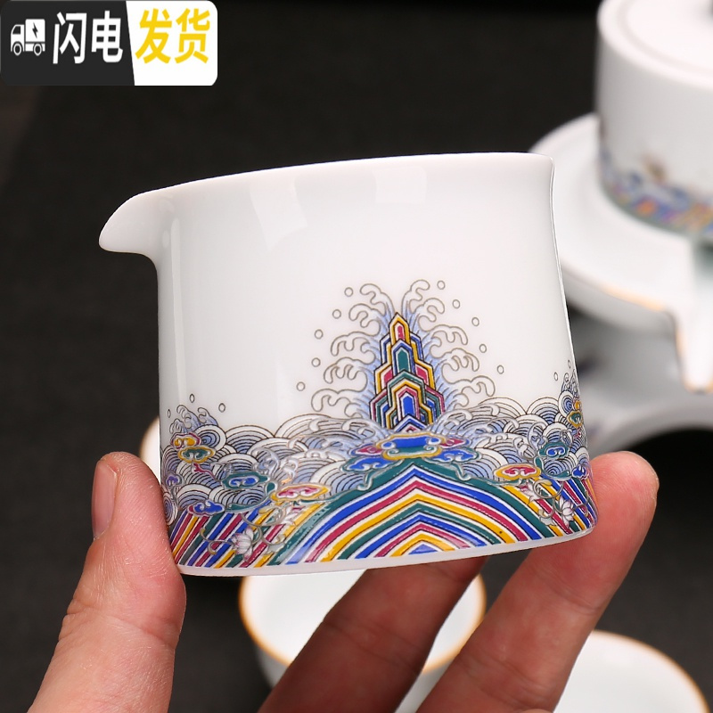三维工匠复古功夫茶具套装简约家用石磨懒人泡茶器自动防烫泡茶壶陶瓷茶杯 自动茶具。古韵牡丹10件套(无礼盒)