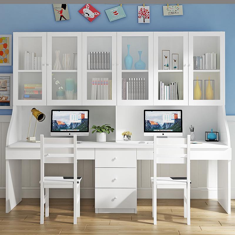 实木双人电脑桌书桌儿童双人学习桌书架书柜组合办公桌子台式家用定制