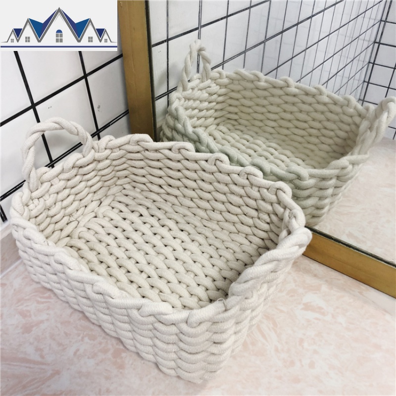 加厚棉线收纳篮带提手杂物小篮子 玄关茶几桌面放零食布艺收纳筐 三维工匠 珍珠白大号33*25*12