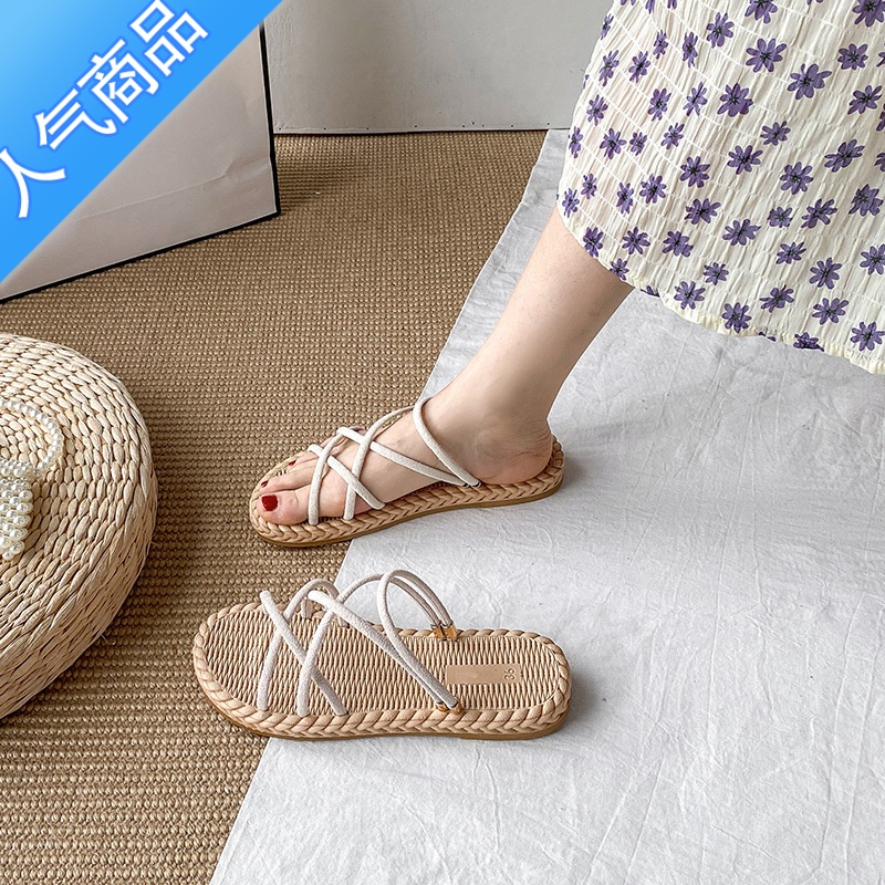 SUNTEK一鞋两穿凉鞋2023年新款女夏平底百搭仙女风ins潮亚麻沙滩罗马鞋高清大图