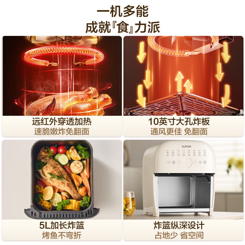苏泊尔空气炸锅KD50Y804 5L大容量微电脑控温 铝合金不粘内锅 1300W高效加热 塑料机身轻便设计高清大图