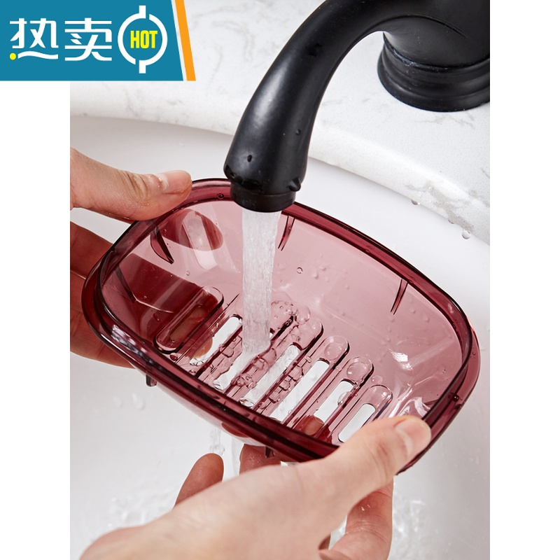 敬平创意带盖肥皂盒双层沥水香皂盒大号塑料浴室皂架肥皂收纳盒子 玫红色高清大图