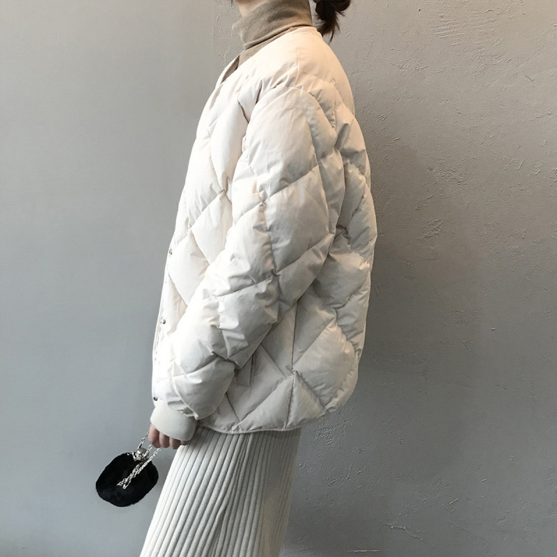 唐狮秋冬季棉衣女新款韩版休闲简约无领菱形格棉服加绒加厚潮